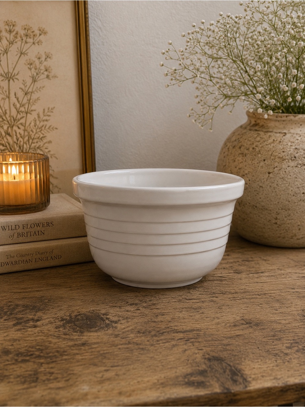 Vintage White Ribbed Ceramic Bowl | Neutral Farmhouse Cottagecore Decor